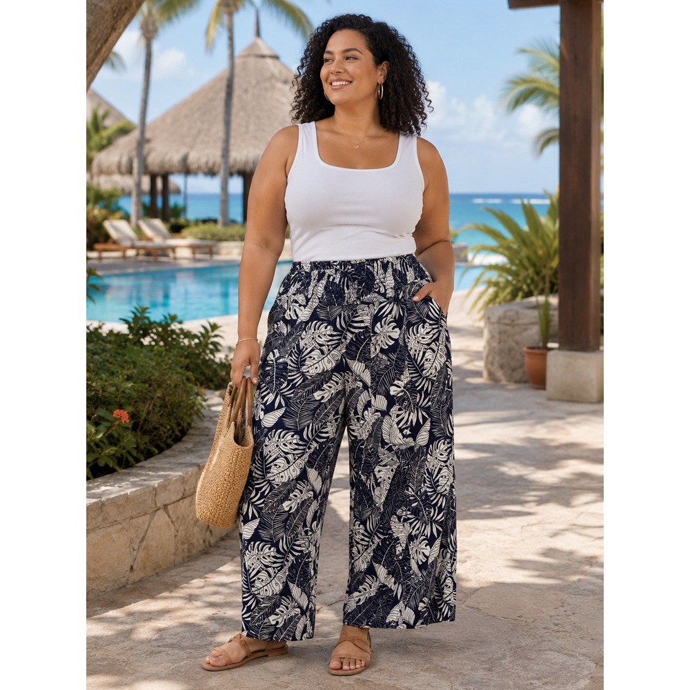 Tahari Linen blend Womens XL Navy White Tropical Palm Leaf Wide Leg Crop Pants